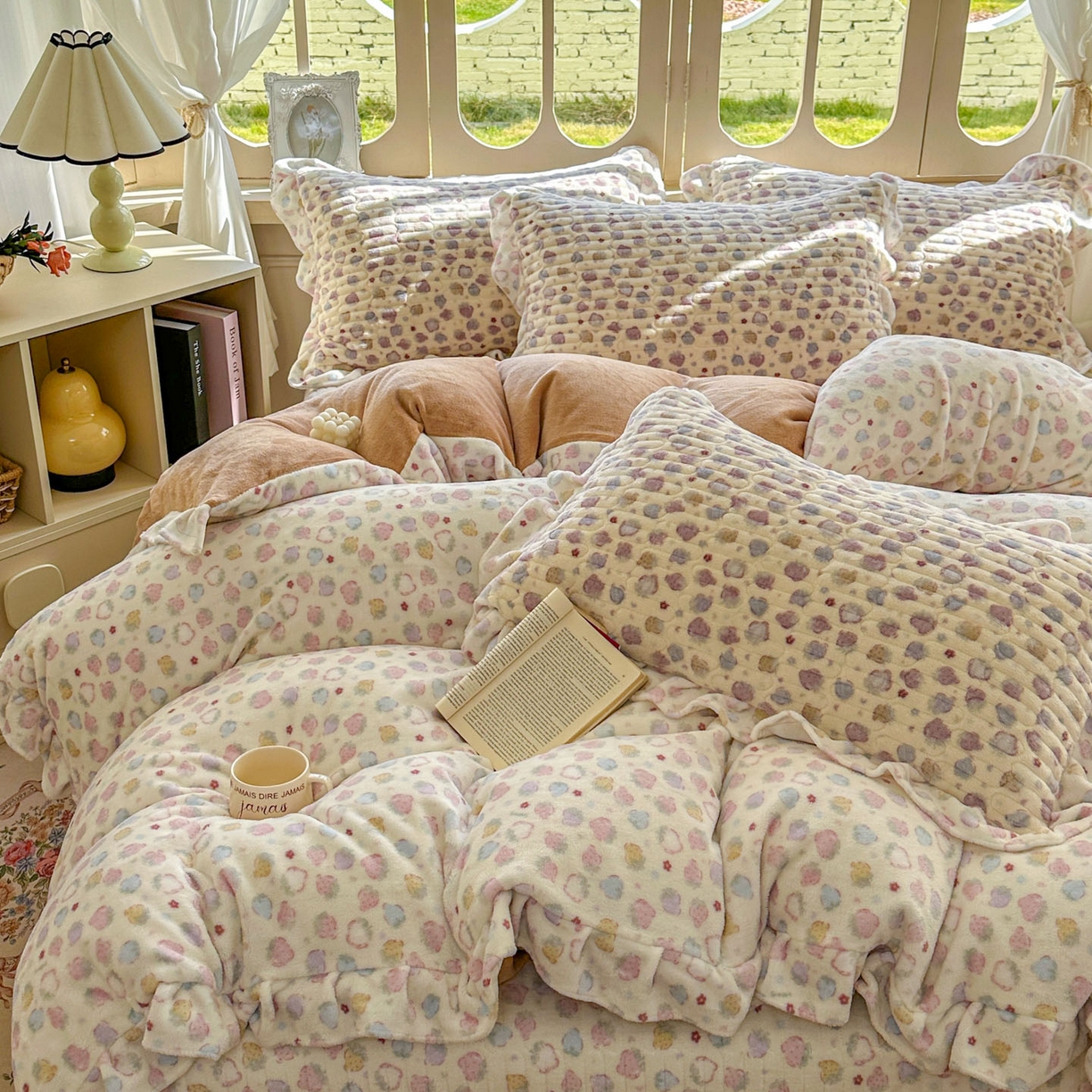 91家纺网 家纺一手货源 找家纺 美梦家纺 2025新款牛奶绒花边夹棉床盖四件套 灵动草莓-米