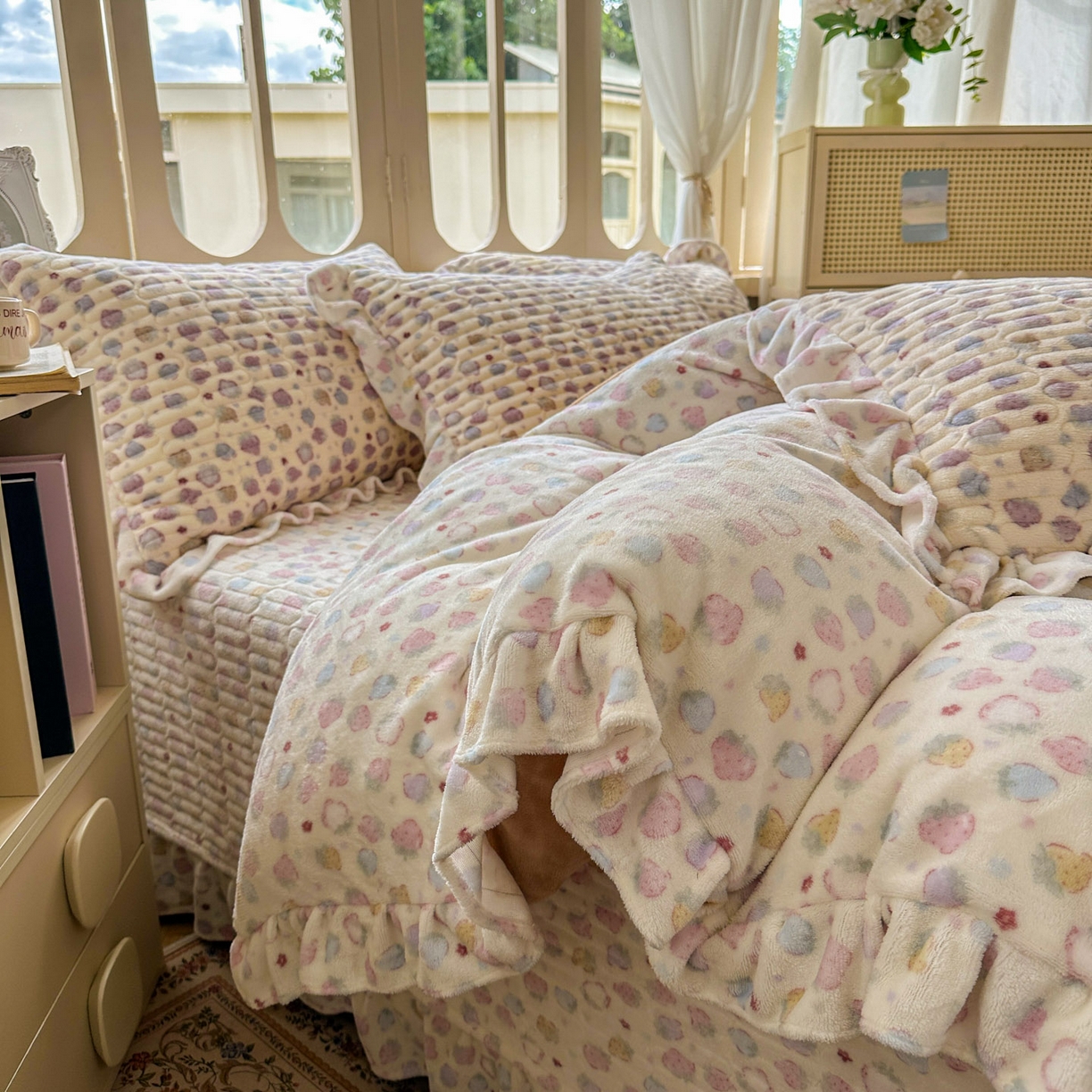 91家纺网 家纺一手货源 找家纺 美梦家纺 2025新款牛奶绒花边夹棉床盖四件套 灵动草莓-米