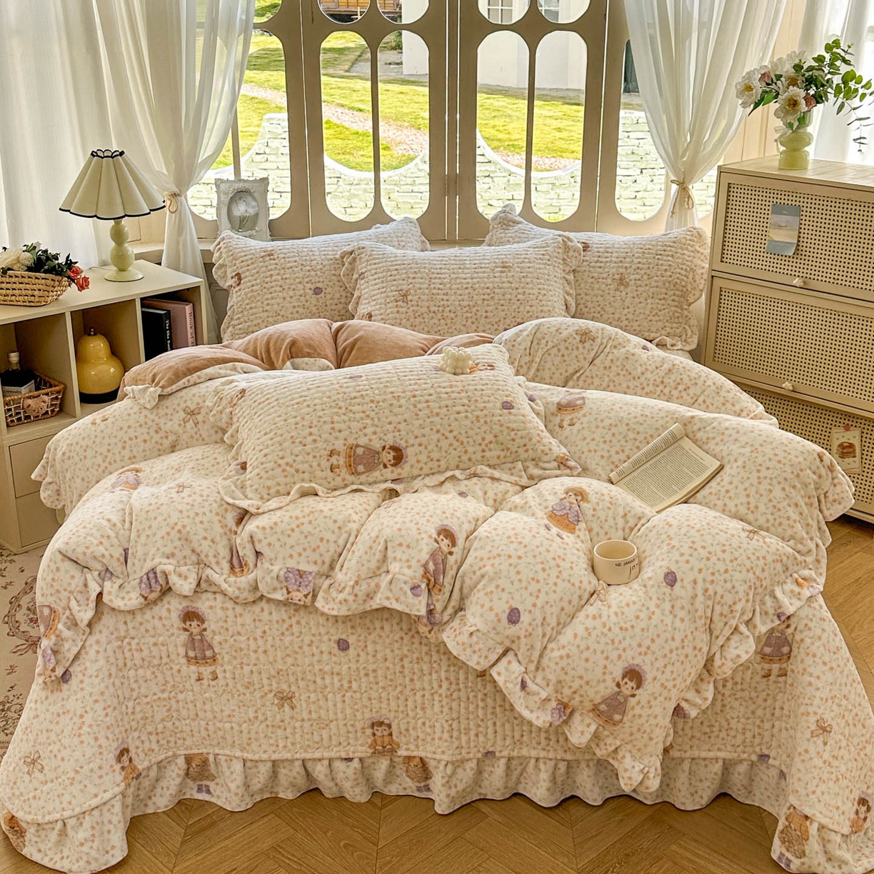 美梦家纺 2025新款牛奶绒花边夹棉床盖四件套 甜美女孩