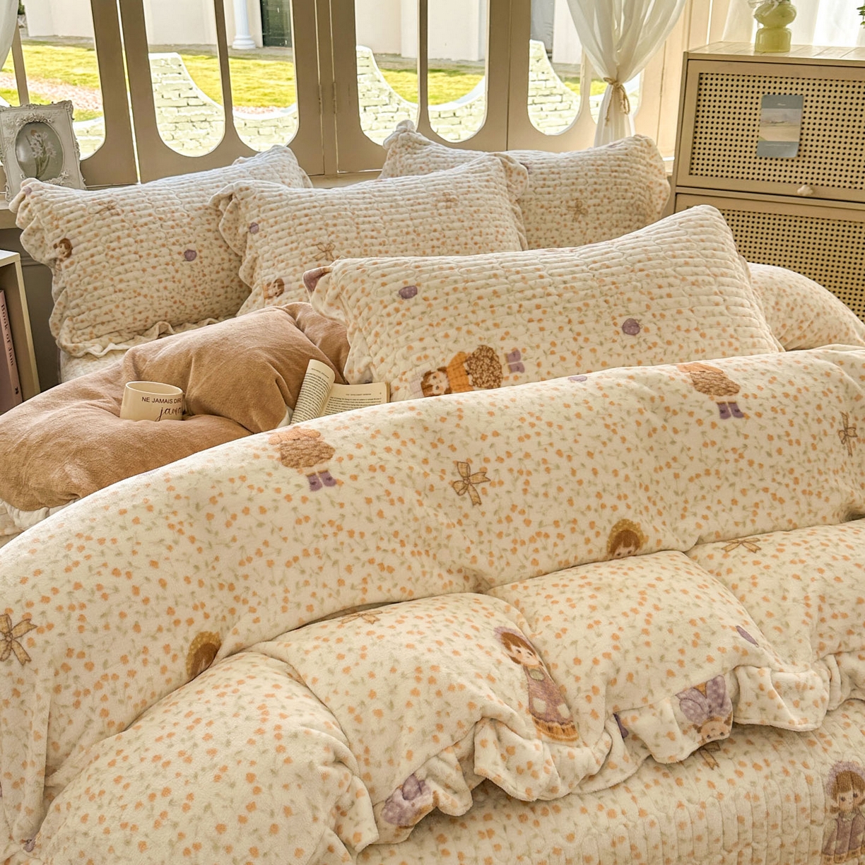 91家纺网 家纺一手货源 找家纺 美梦家纺 2025新款牛奶绒花边夹棉床盖四件套 甜美女孩