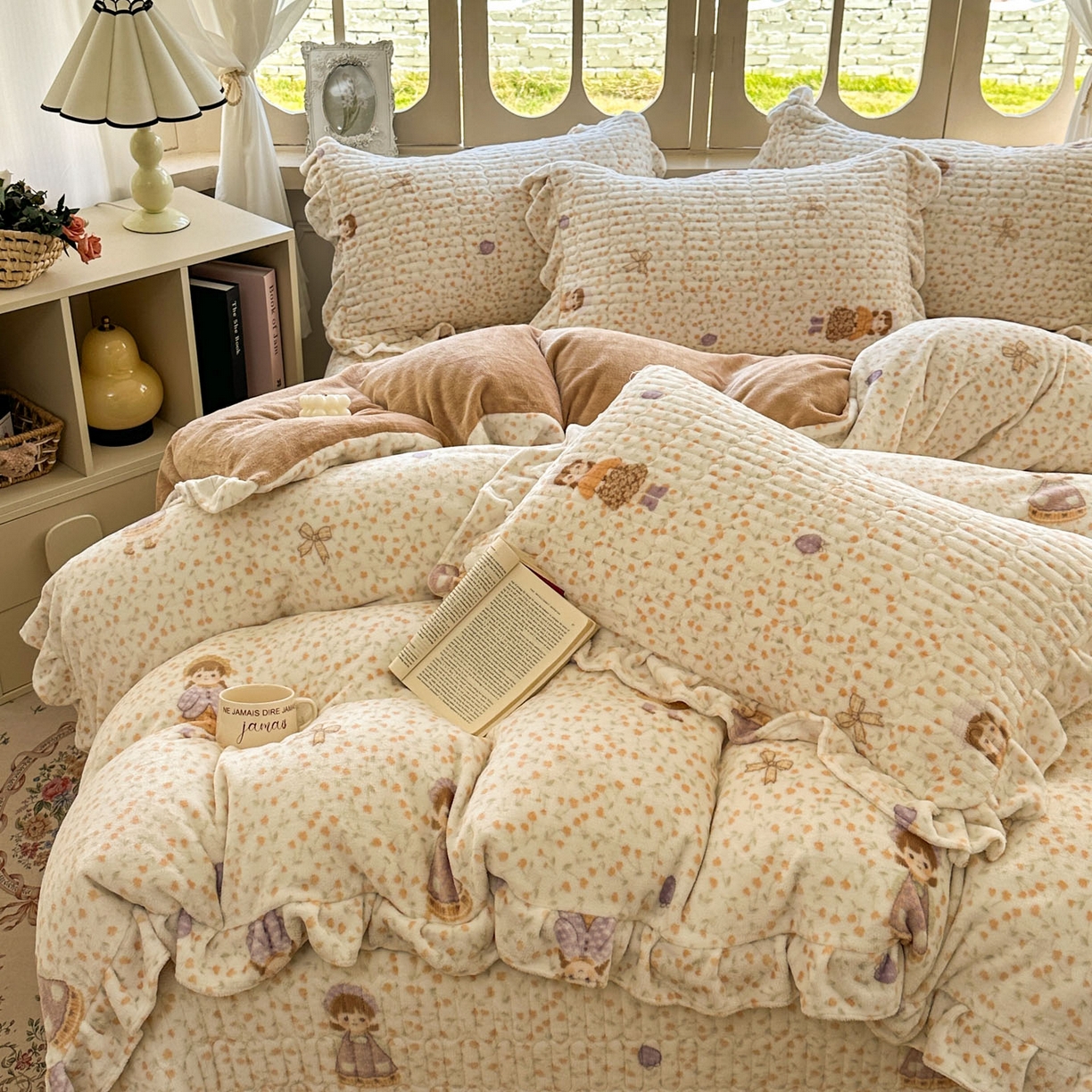 91家纺网 家纺一手货源 找家纺 美梦家纺 2025新款牛奶绒花边夹棉床盖四件套 甜美女孩