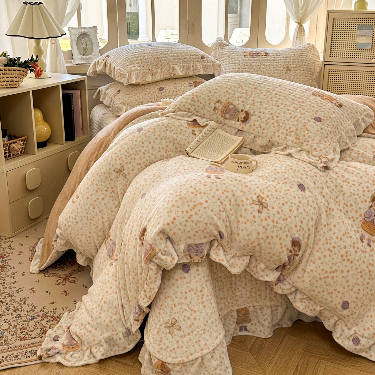 91家纺网 家纺一手货源 找家纺 美梦家纺 2025新款牛奶绒花边夹棉床盖四件套 甜美女孩