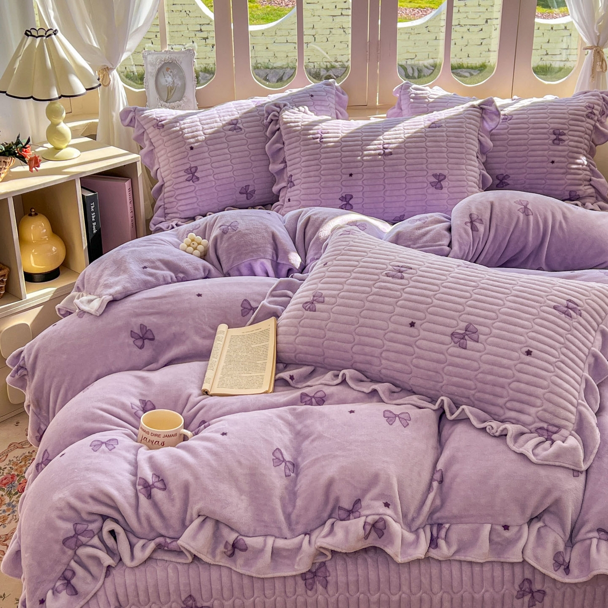 91家纺网 家纺一手货源 找家纺 美梦家纺 2025新款牛奶绒花边夹棉床盖四件套 星辰蝶语-紫