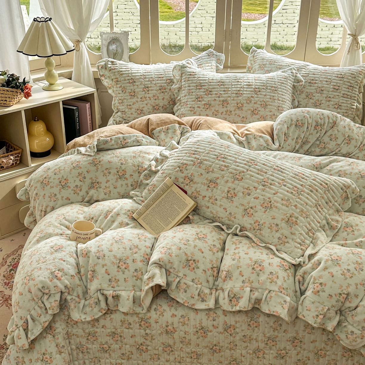 91家纺网 家纺一手货源 找家纺 美梦家纺 2025新款牛奶绒花边夹棉床盖四件套 雨后花园