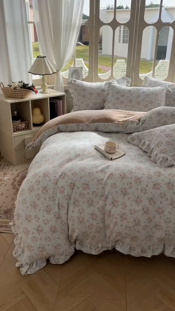 91家纺网 家纺一手货源 找家纺 美梦家纺 2025新款牛奶绒花边夹棉床盖四件套 雨后花园