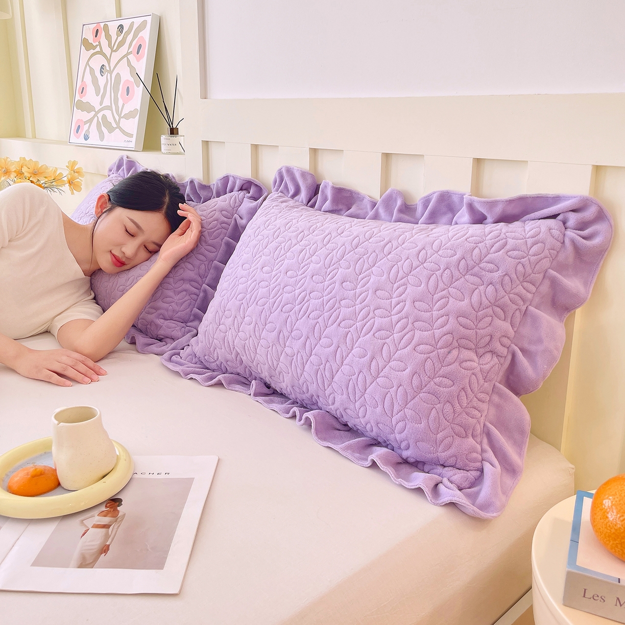 91家纺网 家纺一手货源 找家纺 芯宜佳 2025新款加厚牛奶绒夹棉花边短枕套 幸运草-香芋紫