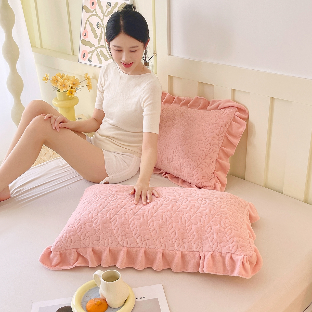 91家纺网 家纺一手货源 找家纺 （总）芯宜佳 2025新款加厚牛奶绒夹棉花边短枕套