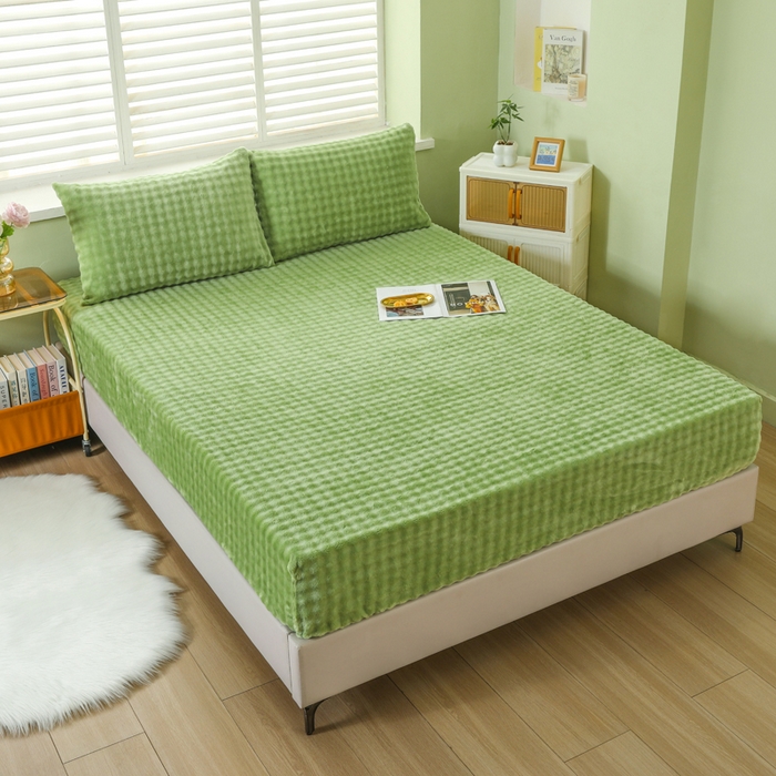 91家纺网 家纺一手货源 找家纺 卡诗兰 2025新款泡泡绒床笠 橄榄绿