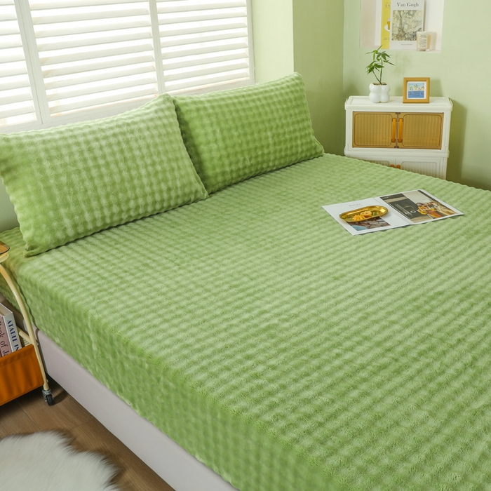 91家纺网 家纺一手货源 找家纺 卡诗兰 2025新款泡泡绒床笠 橄榄绿