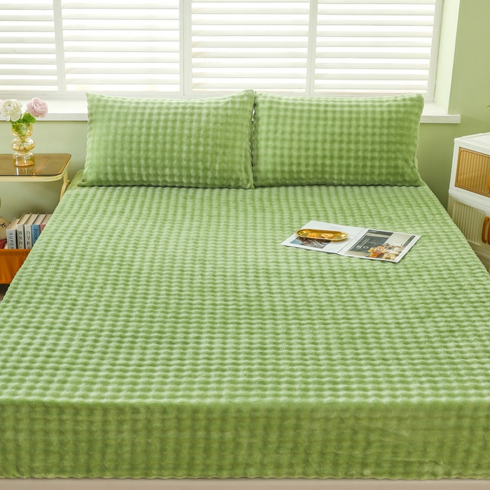 91家纺网 家纺一手货源 找家纺 卡诗兰 2025新款泡泡绒床笠 橄榄绿