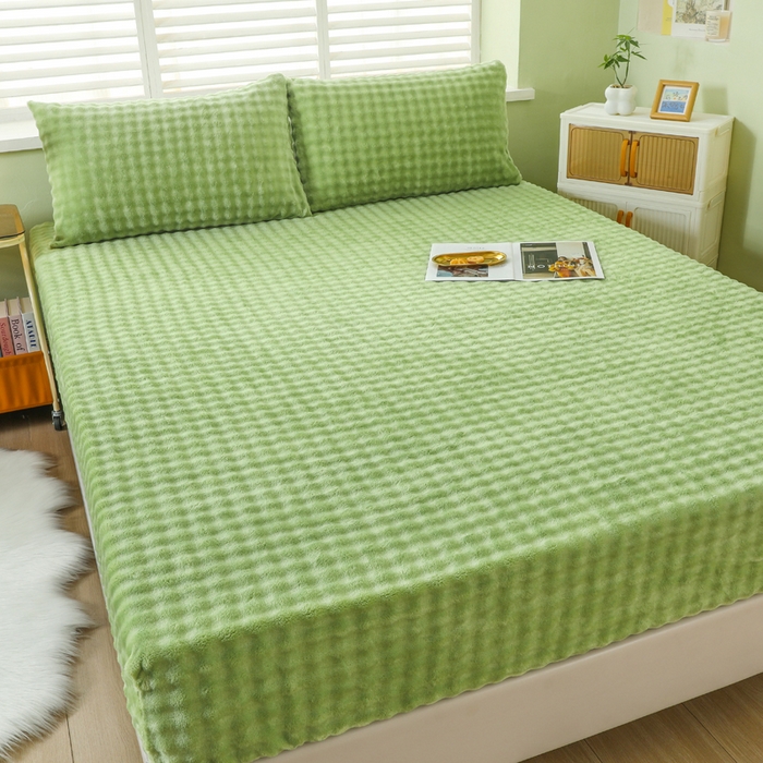 91家纺网 家纺一手货源 找家纺 卡诗兰 2025新款泡泡绒床笠 橄榄绿