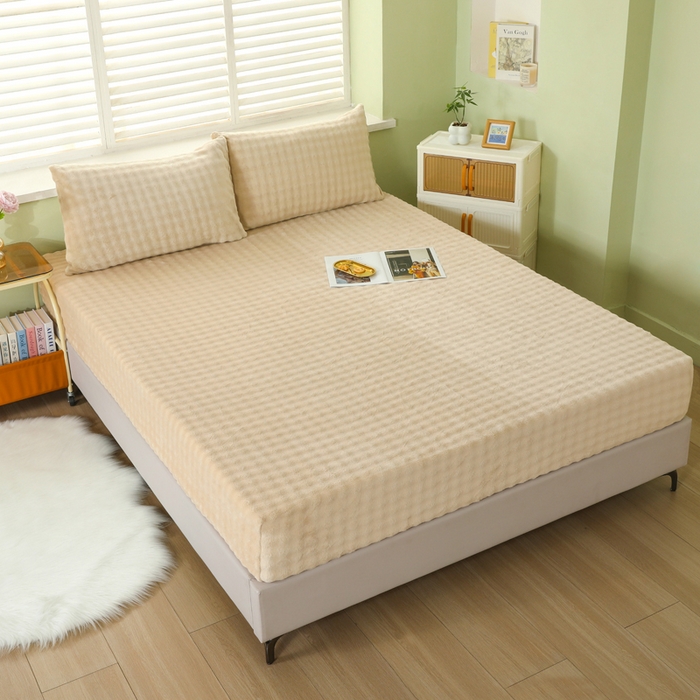 91家纺网 家纺一手货源 找家纺 卡诗兰 2025新款泡泡绒床笠 驼色