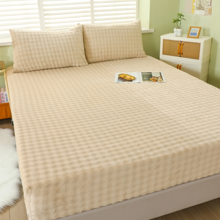 91家纺网 家纺一手货源 找家纺 卡诗兰 2025新款泡泡绒床笠 驼色