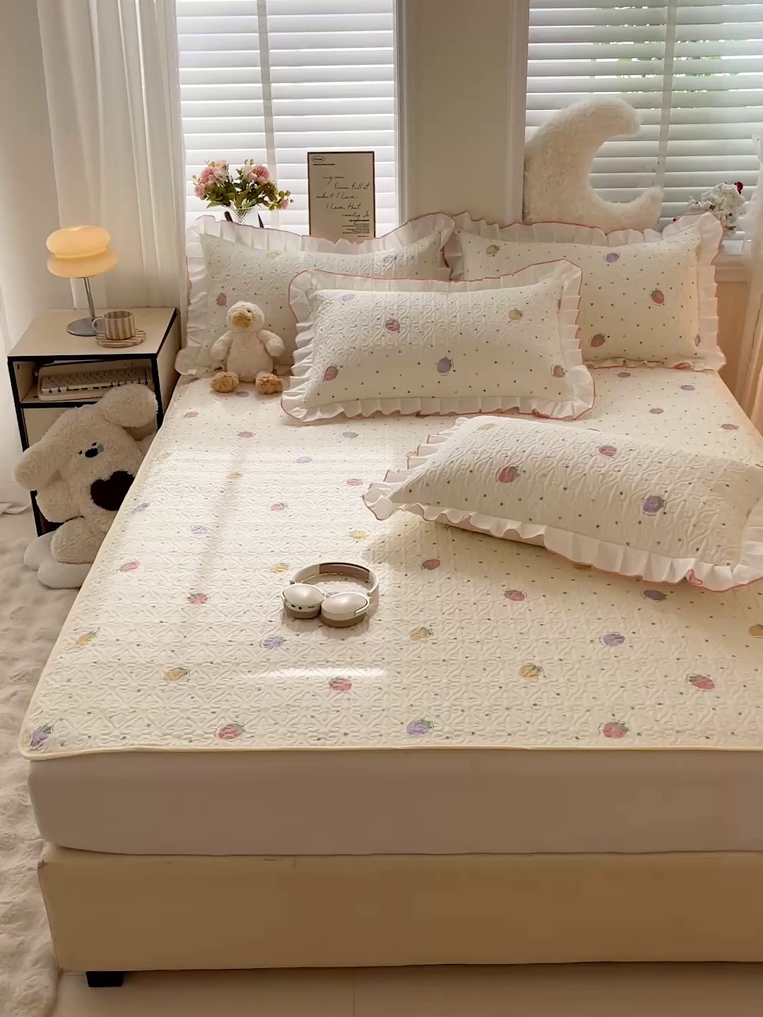 91家纺网 家纺一手货源 找家纺 羽爱家纺 新款舒适可定制全棉防滑床盖软席爱心草莓