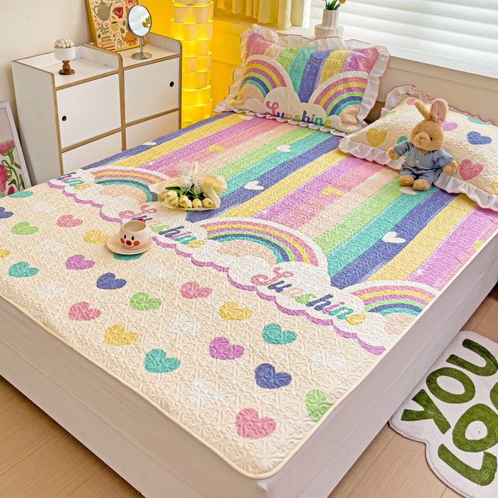 91家纺网 家纺一手货源 找家纺 羽爱家纺 2025新款舒适可定制全棉防滑床盖软席小彩虹