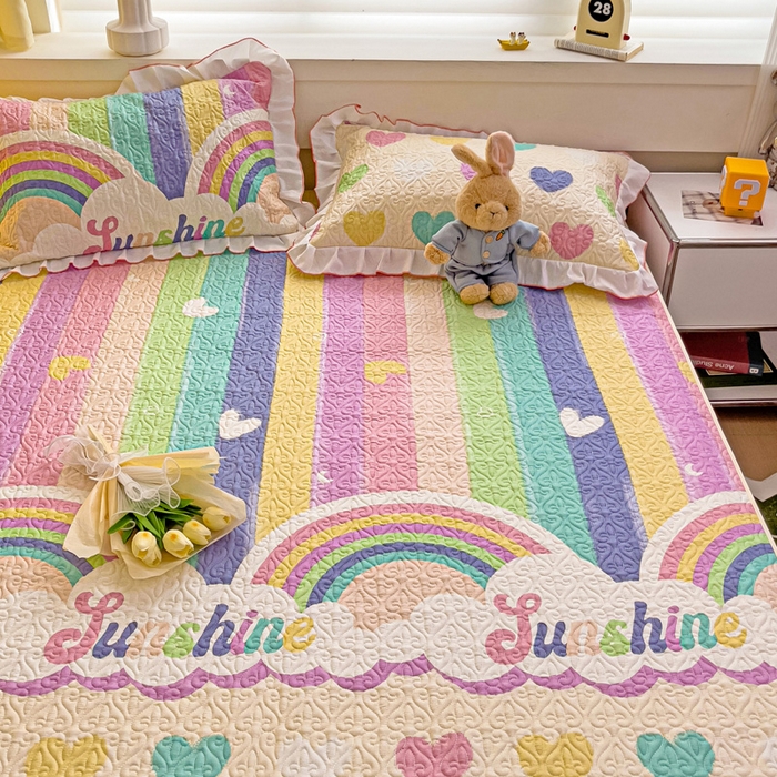 91家纺网 家纺一手货源 找家纺 羽爱家纺 2025新款舒适可定制全棉防滑床盖软席小彩虹