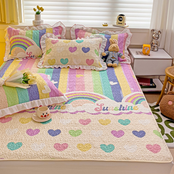 91家纺网 家纺一手货源 找家纺 羽爱家纺 2025新款舒适可定制全棉防滑床盖软席小彩虹