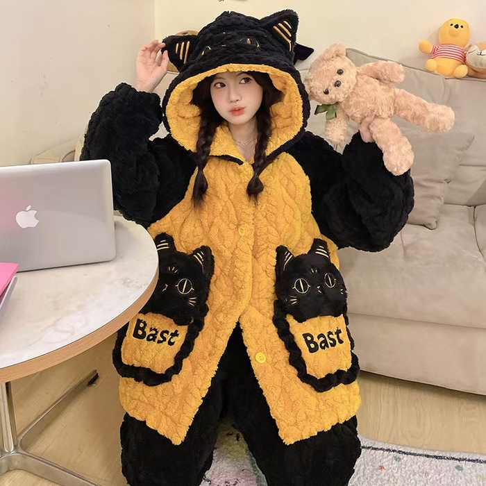 91家纺网 家纺一手货源 找家纺 （总）洛兰沙家居馆 2025秋冬新款睡衣女珊瑚绒三层夹棉卡通可爱加厚加绒保暖家居服套装 