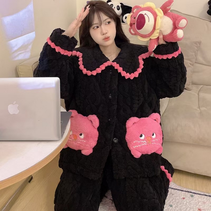 91家纺网 家纺一手货源 找家纺 （总）洛兰沙家居馆 2025秋冬新款睡衣女珊瑚绒三层夹棉卡通可爱加厚加绒保暖家居服套装 