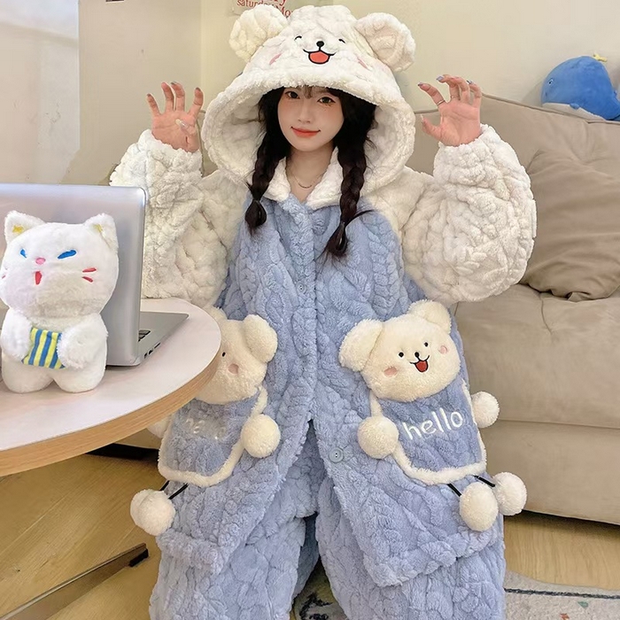 91家纺网 家纺一手货源 找家纺 （总）洛兰沙家居馆 2025秋冬新款睡衣女珊瑚绒三层夹棉卡通可爱加厚加绒保暖家居服套装 