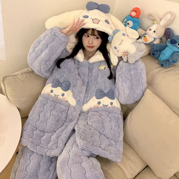 91家纺网 家纺一手货源 找家纺 （总）洛兰沙家居馆 2025秋冬新款睡衣女珊瑚绒三层夹棉卡通可爱加厚加绒保暖家居服套装 