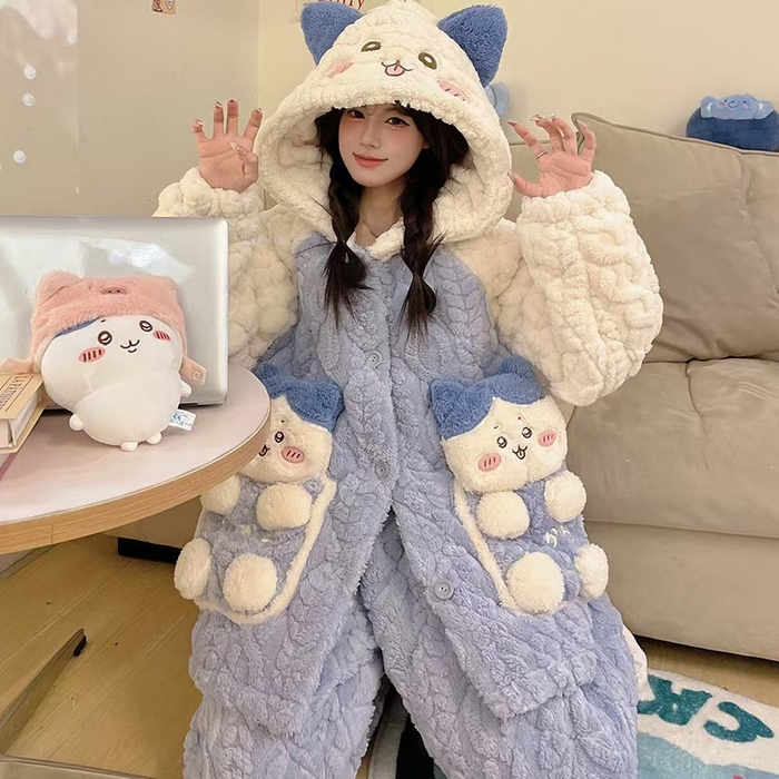 91家纺网 家纺一手货源 找家纺 （总）洛兰沙家居馆 2025秋冬新款睡衣女珊瑚绒三层夹棉卡通可爱加厚加绒保暖家居服套装 