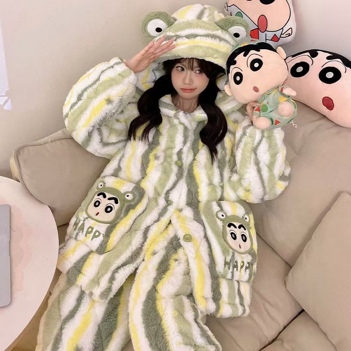 91家纺网 家纺一手货源 找家纺 （总）洛兰沙家居馆 2025秋冬新款睡衣女珊瑚绒三层夹棉卡通可爱加厚加绒保暖家居服套装 