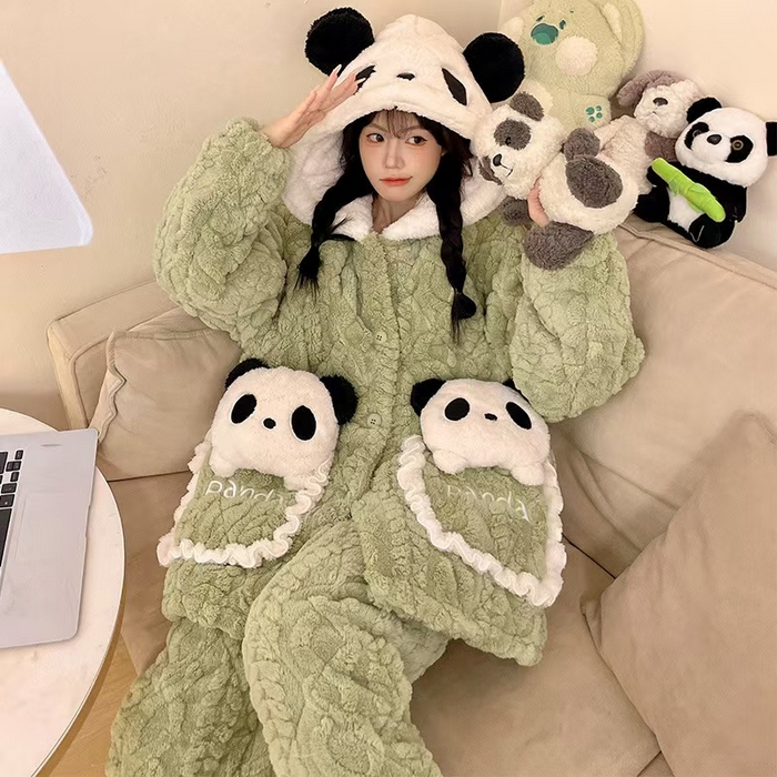 91家纺网 家纺一手货源 找家纺 （总）洛兰沙家居馆 2025秋冬新款睡衣女珊瑚绒三层夹棉卡通可爱加厚加绒保暖家居服套装 