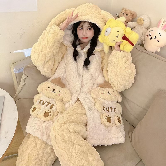 （总）洛兰沙家居馆 2025秋冬新款睡衣女珊瑚绒三层夹棉卡通可爱加厚加绒保暖家居服套装 