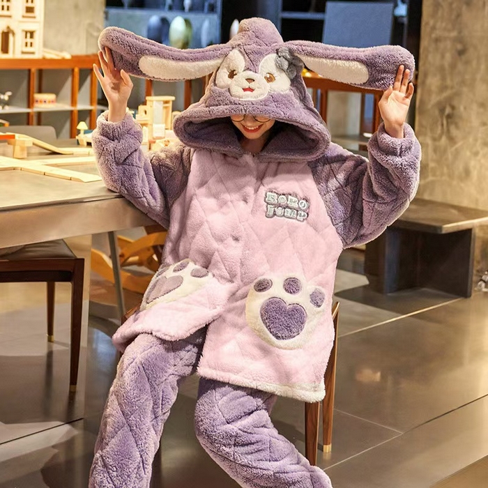 91家纺网 家纺一手货源 找家纺 （总）洛兰沙家居馆 2025秋冬新款睡衣女珊瑚绒三层夹棉卡通可爱加厚加绒保暖家居服套装 