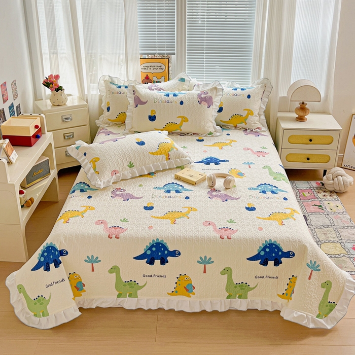 91家纺网 家纺一手货源 找家纺 羽爱家纺 2025新款全棉防滑花边床盖百变恐龙