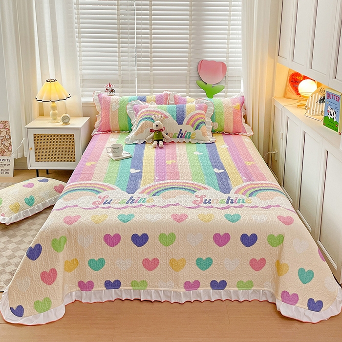 91家纺网 家纺一手货源 找家纺 羽爱家纺 2025新款全棉防滑花边床盖小彩虹