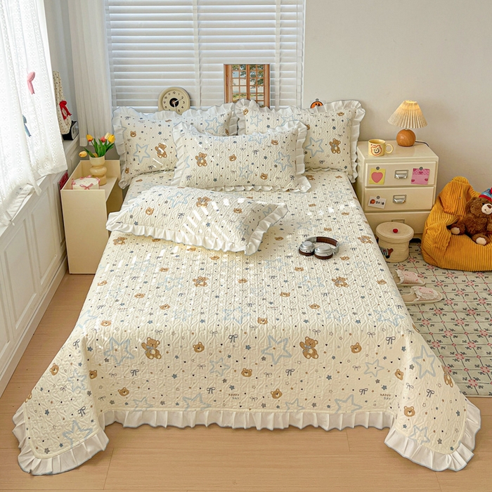 91家纺网 家纺一手货源 找家纺 羽爱家纺 2025新款全棉防滑花边床盖星星熊