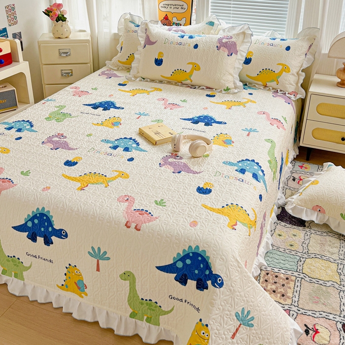 91家纺网 家纺一手货源 找家纺 羽爱家纺 2025新款全棉防滑花边床盖百变恐龙