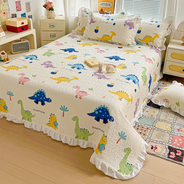 91家纺网 家纺一手货源 找家纺 羽爱家纺 2025新款全棉防滑花边床盖百变恐龙