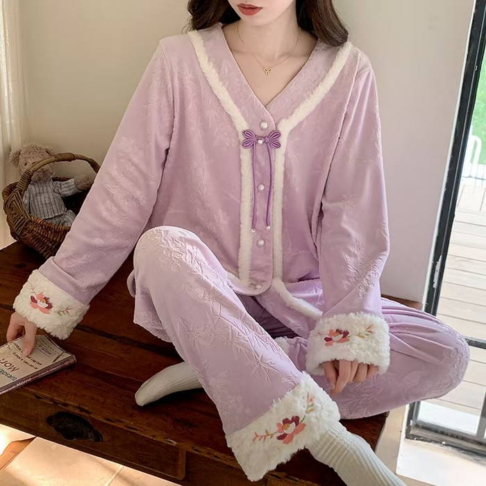 91家纺网 家纺一手货源 找家纺 （总）洛兰沙家居馆 2025新款海岛绒保暖新中式国风女款珊瑚绒冬季家居服