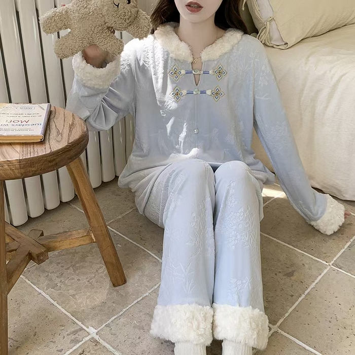 91家纺网 家纺一手货源 找家纺 （总）洛兰沙家居馆 2025新款海岛绒保暖新中式国风女款珊瑚绒冬季家居服