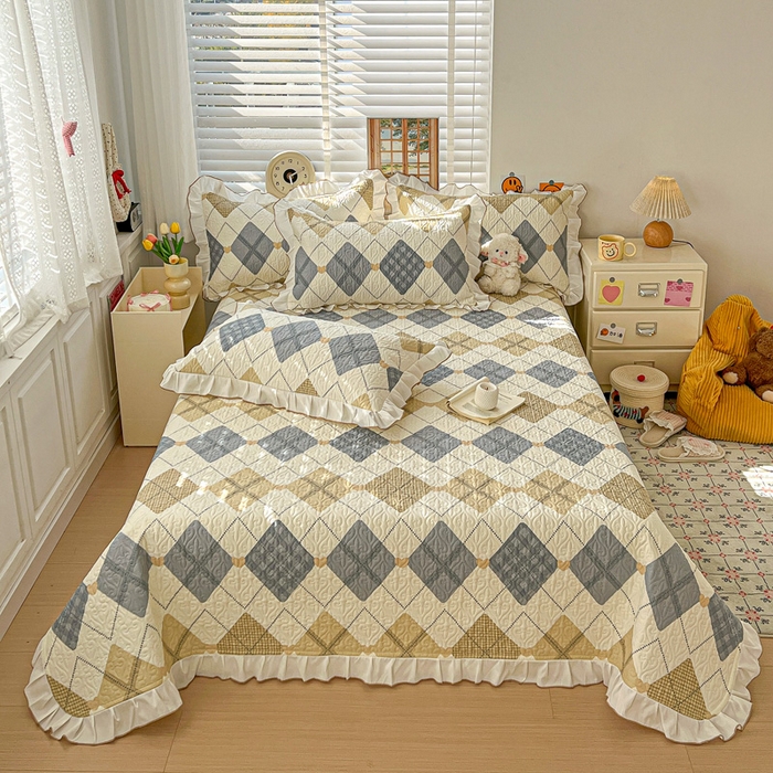 羽爱家纺 2025新款全棉防滑花边床盖格韵