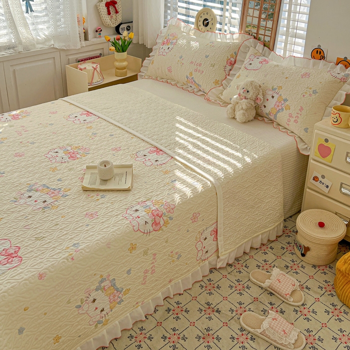 91家纺网 家纺一手货源 找家纺 羽爱家纺 2025新款全棉防滑花边床盖可爱喵