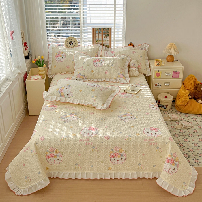 羽爱家纺 2025新款全棉防滑花边床盖可爱喵