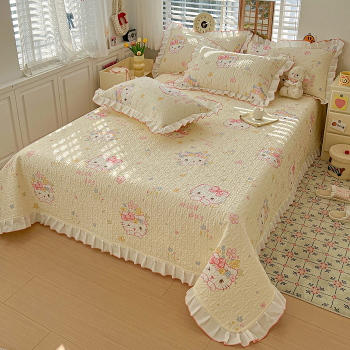 91家纺网 家纺一手货源 找家纺 羽爱家纺 2025新款全棉防滑花边床盖可爱喵