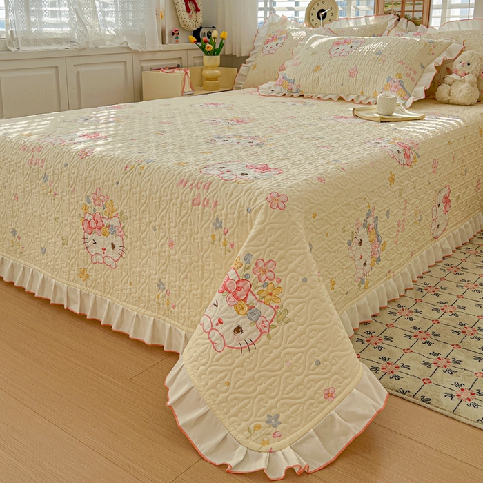 91家纺网 家纺一手货源 找家纺 羽爱家纺 2025新款全棉防滑花边床盖可爱喵