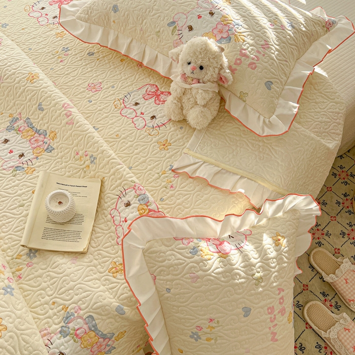 91家纺网 家纺一手货源 找家纺 羽爱家纺 2025新款全棉防滑花边床盖可爱喵