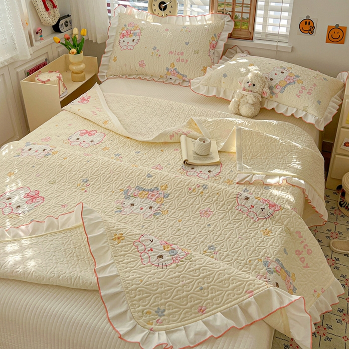 91家纺网 家纺一手货源 找家纺 羽爱家纺 2025新款全棉防滑花边床盖可爱喵