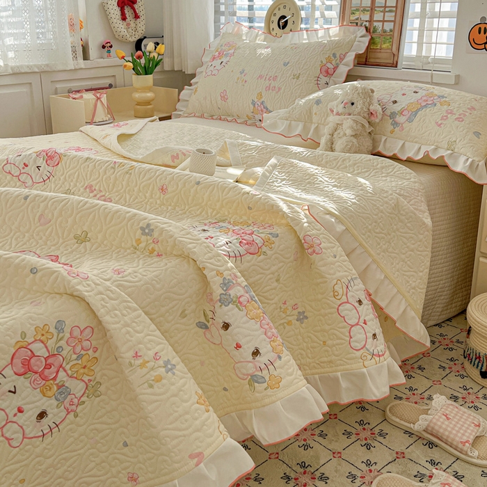 91家纺网 家纺一手货源 找家纺 羽爱家纺 2025新款全棉防滑花边床盖可爱喵