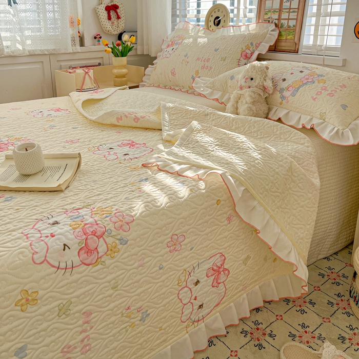 91家纺网 家纺一手货源 找家纺 羽爱家纺 2025新款全棉防滑花边床盖可爱喵