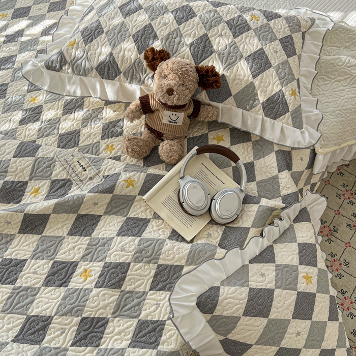 91家纺网 家纺一手货源 找家纺 羽爱家纺 2025新款全棉防滑花边床盖菱形世界