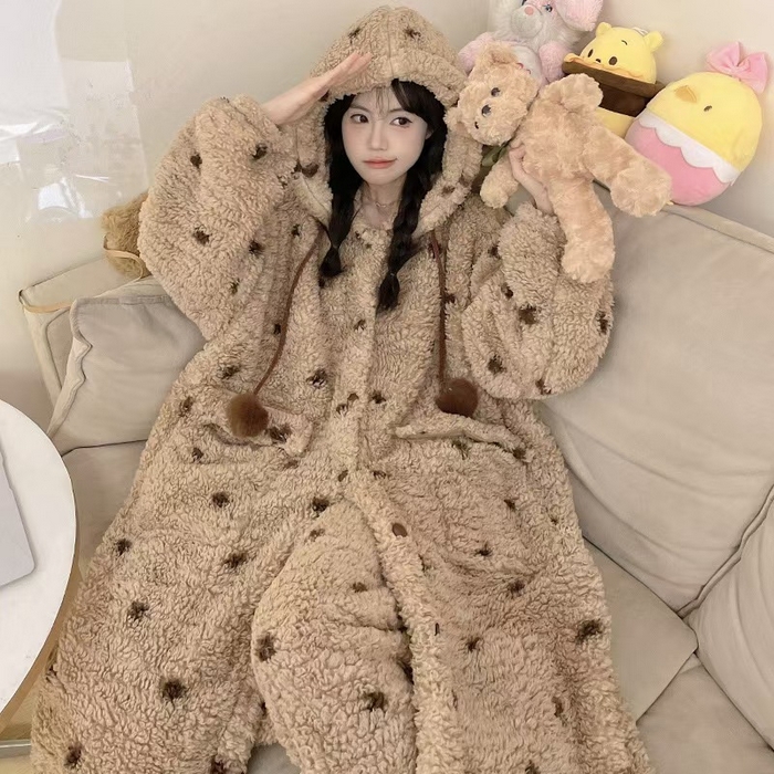 91家纺网 家纺一手货源 找家纺 （总）洛兰沙家居馆 2025新款珊瑚绒睡袍女款秋冬季天卡通可爱连帽睡衣加绒加厚保暖家居服套装