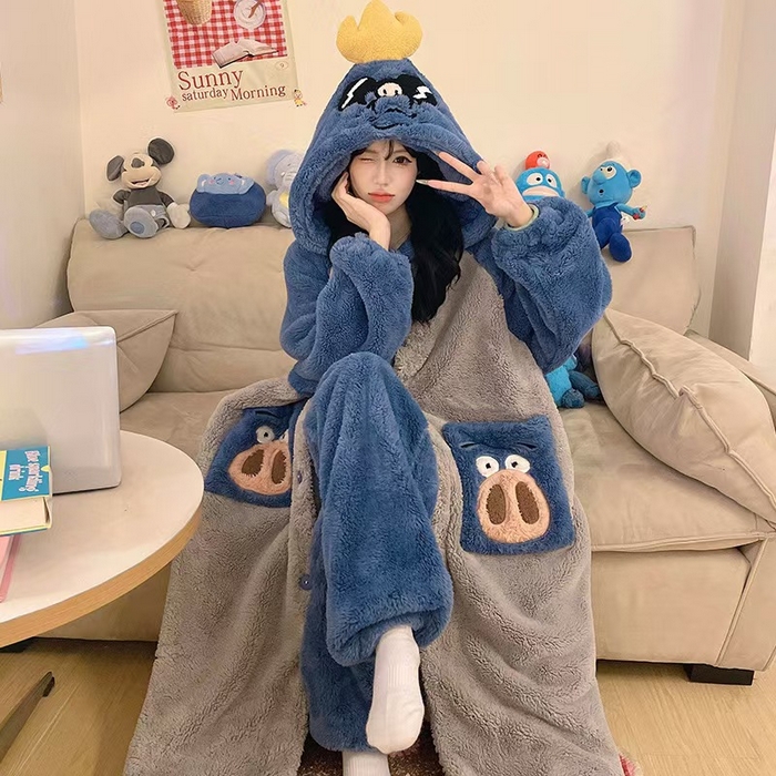 91家纺网 家纺一手货源 找家纺 （总）洛兰沙家居馆 2025新款珊瑚绒睡袍女款秋冬季天卡通可爱连帽睡衣加绒加厚保暖家居服套装