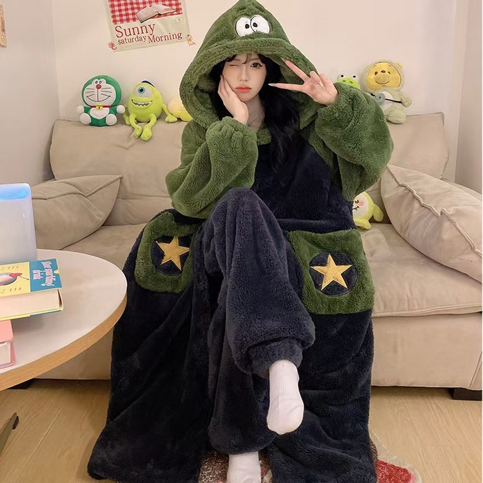 91家纺网 家纺一手货源 找家纺 （总）洛兰沙家居馆 2025新款珊瑚绒睡袍女款秋冬季天卡通可爱连帽睡衣加绒加厚保暖家居服套装